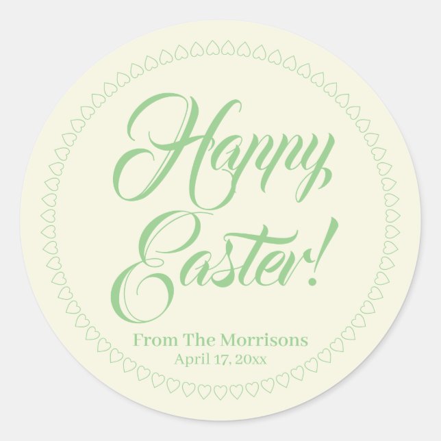 Sticker Rond Joyeux Pâques vert coeur pastel script personnalis (Devant)
