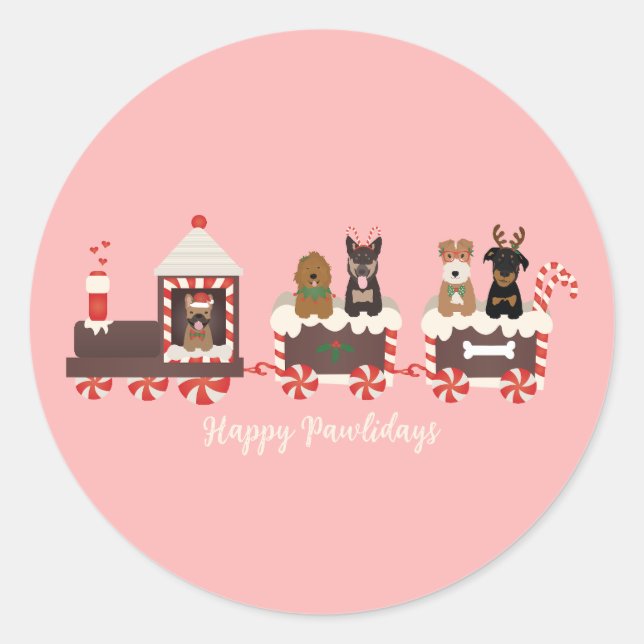 Sticker Rond Joyeux Pawlidays Chien Noël Train de vacances (Devant)