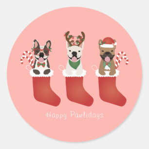 Sticker Rond Joyeux Pawlidays Français Bulldogs Noël Stocking