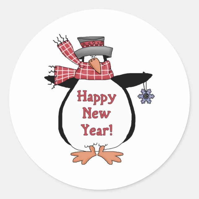 Sticker Rond Joyeux Pingouin du Nouvel An (Devant)
