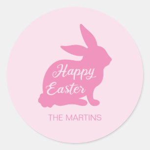 Sticker Rond Joyeux Pink Bunny de Pâques Nom Silhouette