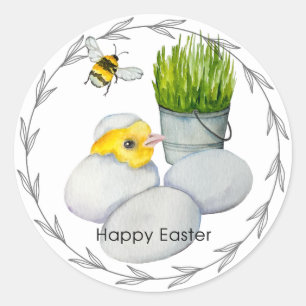 Sticker Rond Joyeux poulet de Pâques et fleurs de printemps