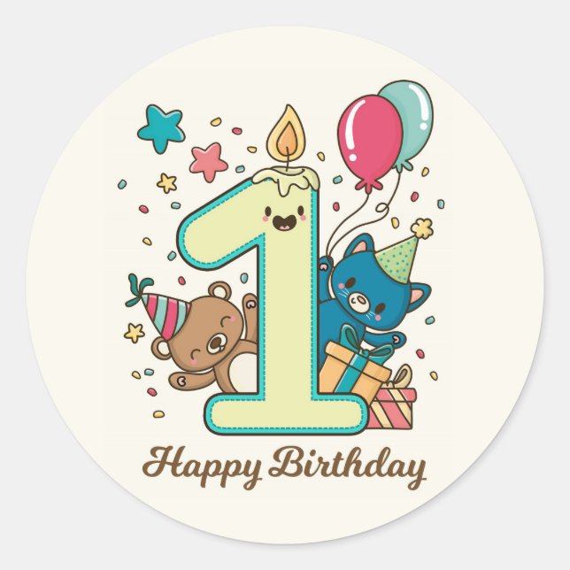 Sticker Rond Joyeux premier anniversaire (Devant)