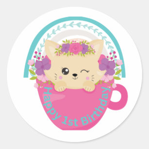 Sticker Rond Joyeux premier anniversaire Chat et arc-en-ciel