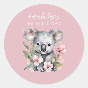 Sticker Rond Joyeux premier anniversaire Koala aquarelle
