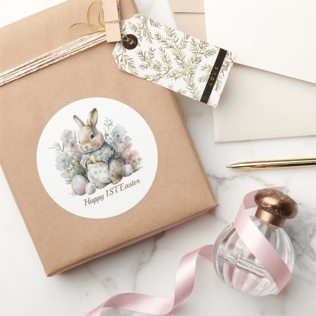 Sticker Rond Joyeux premier bébé Pâques ajouter du texte (Cadeaux)