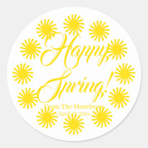 Sticker Rond Joyeux printemps jaune soleil coutume script joyeu
