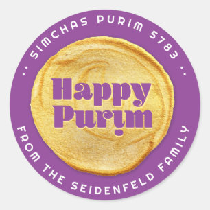 Sticker Rond Joyeux Purim Elegant Sceau Or Purple