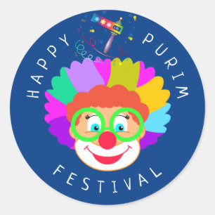 Sticker Rond Joyeux Purim Festival Funny Clown Kids Party