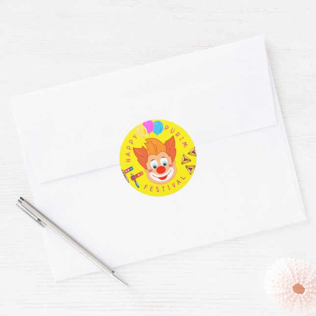Sticker Rond Joyeux Purim Festival Funny Clown Kids Party (Enveloppe)