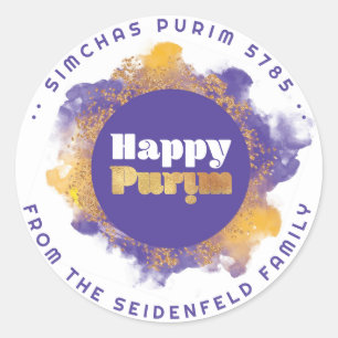 Sticker Rond Joyeux Purim Purple Personnalisé Monogramme Classi