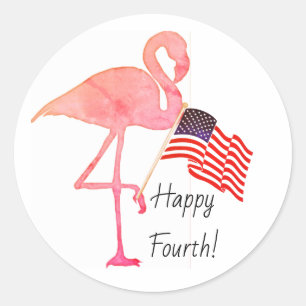 Sticker Rond Joyeux Quatre Juillet Flamant Rose Drapeau América