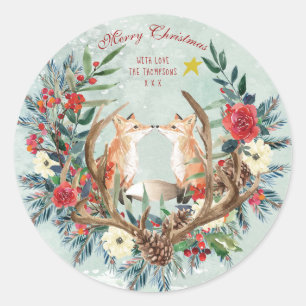 Sticker Rond Joyeux renards d'hiver fleuris rouges de noël