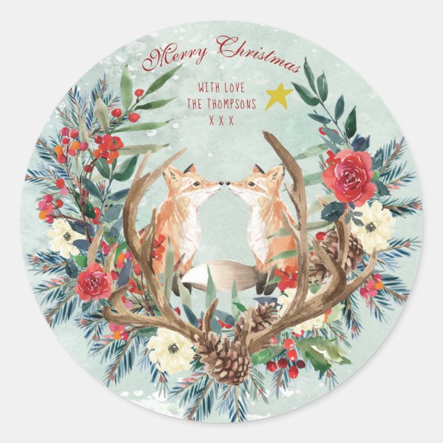 Sticker Rond Joyeux renards d'hiver fleuris rouges de noël (Devant)