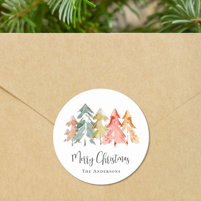Sticker Rond Joyeux sapin de Noël Aquarelle (Créateur téléchargé)