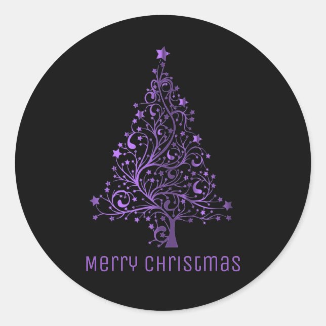 Sticker Rond Joyeux sapin de Noël étoiles Black Metallic violet (Devant)