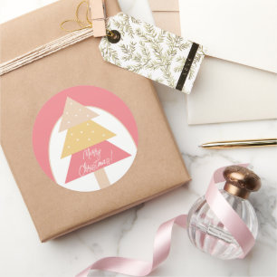 Sticker Rond Joyeux sapin de Noël géométrique rose élégant