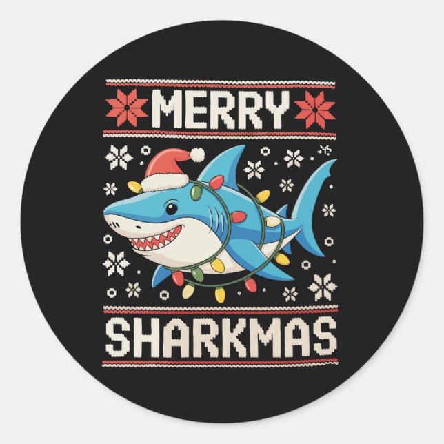 Sticker Rond Joyeux Sharkmas Sharkmas Noël laids lumières de No (Devant)