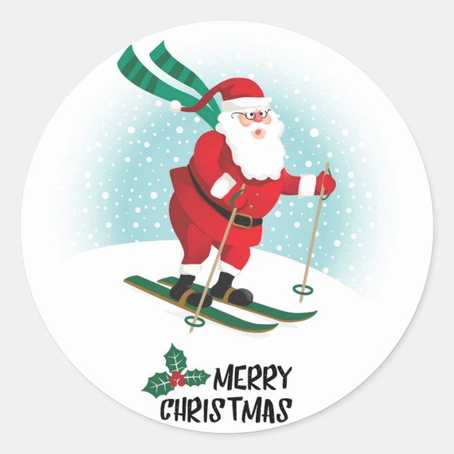 Sticker Rond Joyeux Ski de Noël Père Noël | Vacances (Devant)