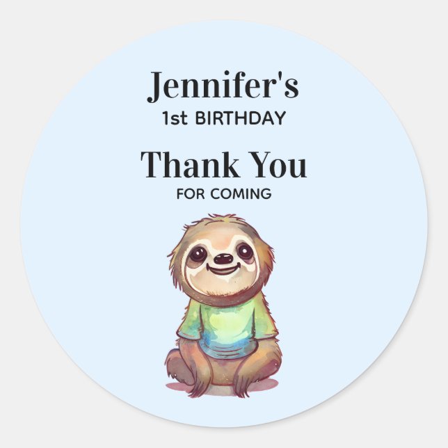 Sticker Rond Joyeux sourire Sloth assis détente Anniversaire (Devant)