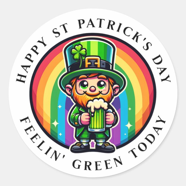 Sticker Rond Joyeux St Patrick's Day Leprechaun avec bière vert (Devant)