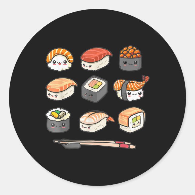 Sticker Rond Joyeux Sushi Anime Kawaii Joue Nourriture Japonais (Devant)