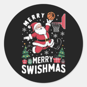 Sticker Rond Joyeux Swishmas Noël Père Noël Jouer Basketball