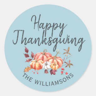 Sticker Rond Joyeux Thanksgiving automne citrouille bleue