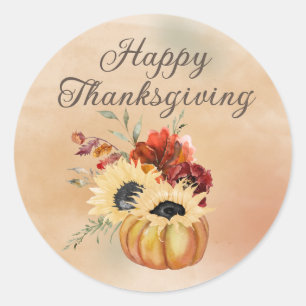 Sticker Rond Joyeux Thanksgiving Citrouille Tournesols Botaniqu