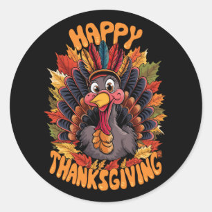Sticker Rond Joyeux Thanksgiving Dinde Famille Automne