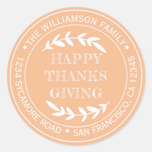 Sticker Rond Joyeux Thanksgiving Rustique Adresse de Retour Ora (Devant)
