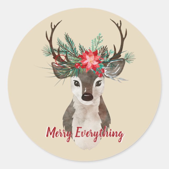 Sticker Rond Joyeux tout aquarelle Deer Antler Bouquet (Devant)