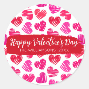 Sticker Rond Joyeux Valentines Day Moderne Rouge Rose Coeurs No