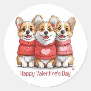 Sticker Rond Joyeux Valentines Day Pembroke Welsh Corgi Chiens