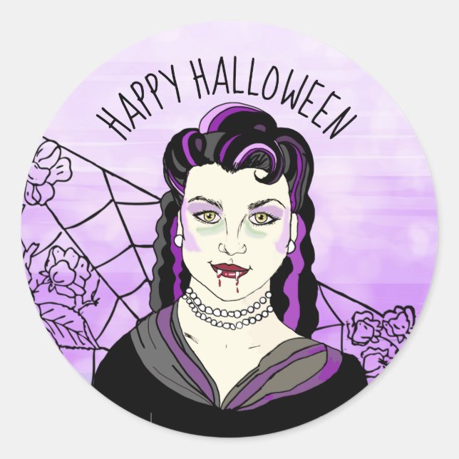 Sticker Rond Joyeux Vampire d'Halloween et toiles d'araignées (Devant)
