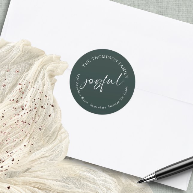 Sticker Rond Joyful Calligraphy Nom de retour Adresse Dark Gree (Handy circular return address stickers for your holiday mailings)