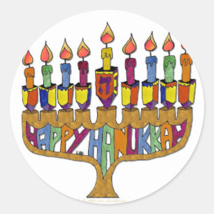 Sticker Rond Judaica Joyeux Hanukkah Toupie Menorah