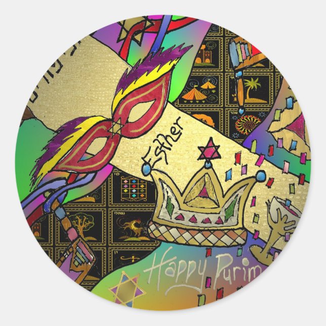 Sticker Rond Judaica Purim Esther Célébration Art Imprimer (Devant)