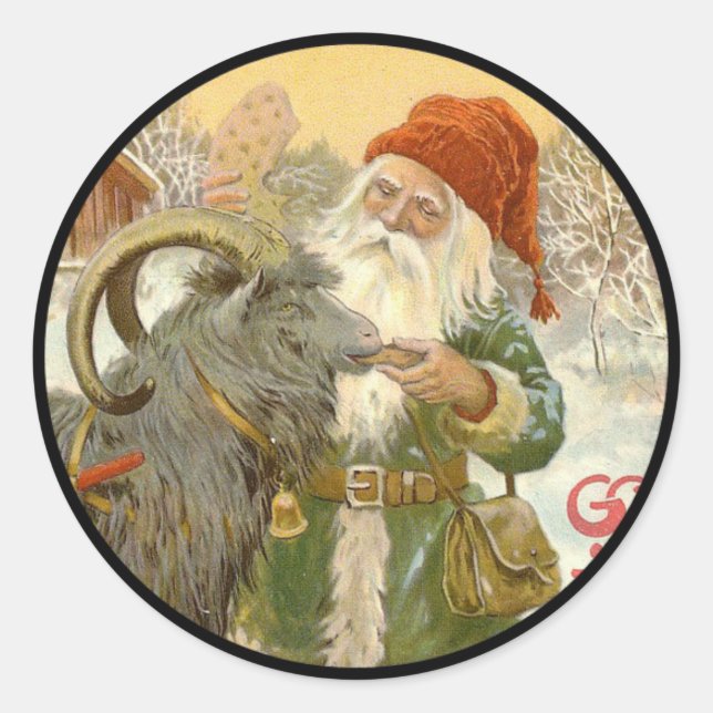 Sticker Rond Jultomten nourrit Yule Chèvre un biscuit (Devant)