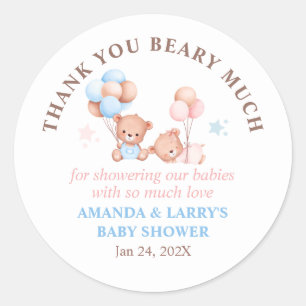 Sticker Rond Jumeaux Fille Garçon Ours en Peluche Merci