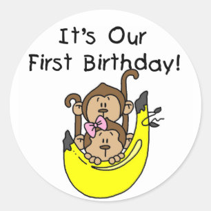 Sticker Rond Jumeaux - Jumeau et singe 1er anniversaire