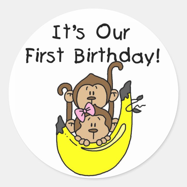 Sticker Rond Jumeaux - Jumeau et singe 1er anniversaire (Devant)