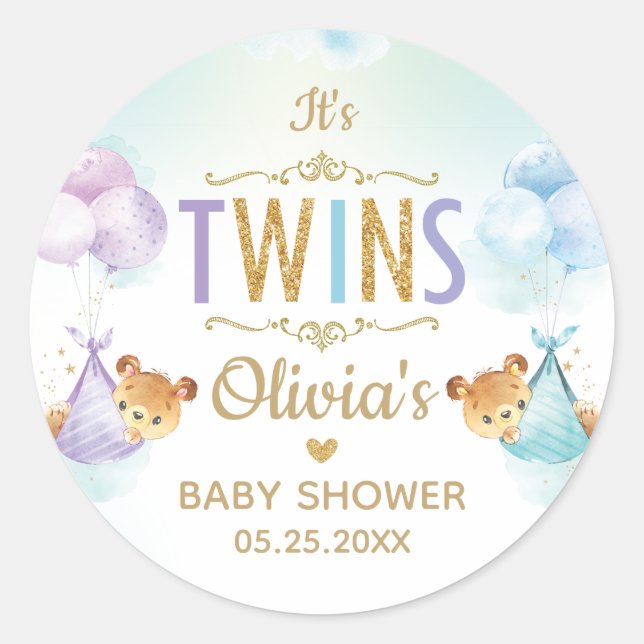 Sticker Rond Jumeaux Ourson Garçon Fille Ballons Baby Shower (Devant)