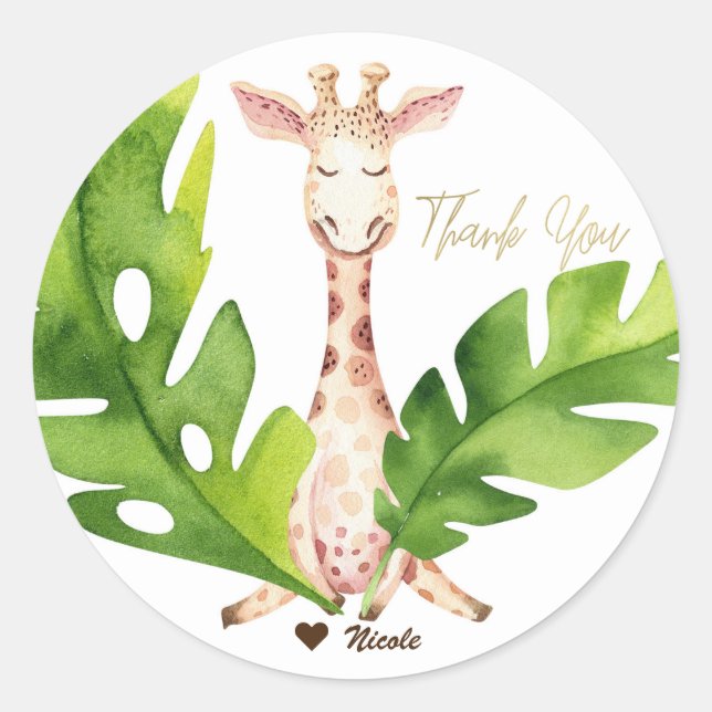 Sticker Rond Jungle Giraffe Baby shower d'aquarelle (Devant)