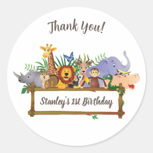 Sticker Rond Jungle Safari Animaux Forêt Merci Anniversaire
