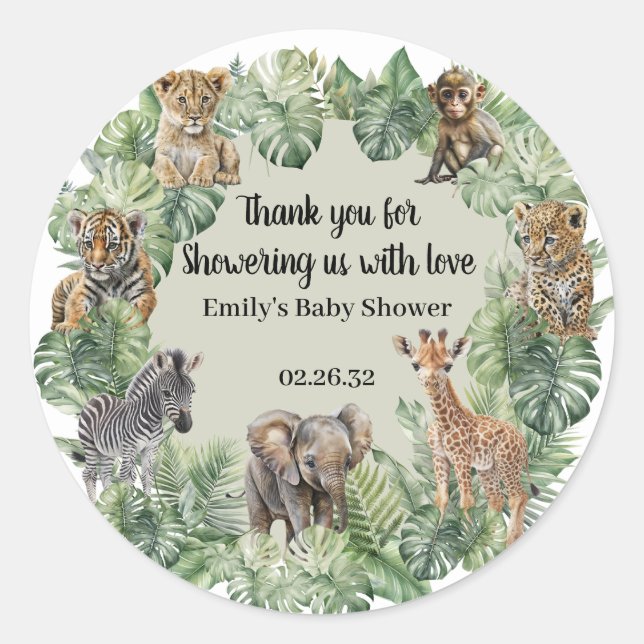 Sticker Rond Jungle Safari Animaux Verdure Baby shower Garçon (Devant)