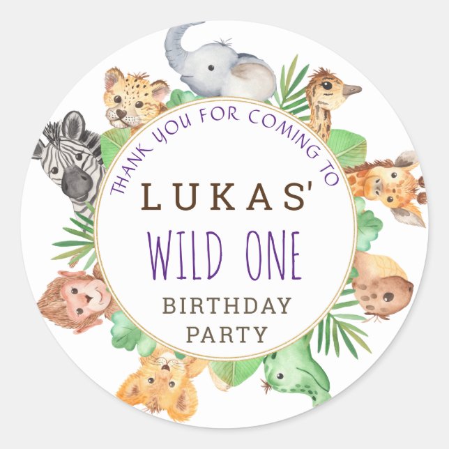 Sticker Rond Jungle Safari fête d'anniversaire Merci (Devant)