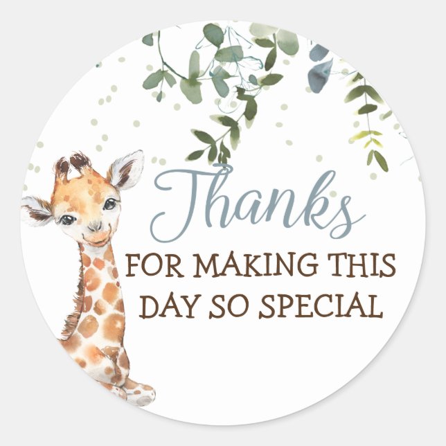 Sticker Rond Jungle Safari Giraffe Merci bleu gris (Devant)
