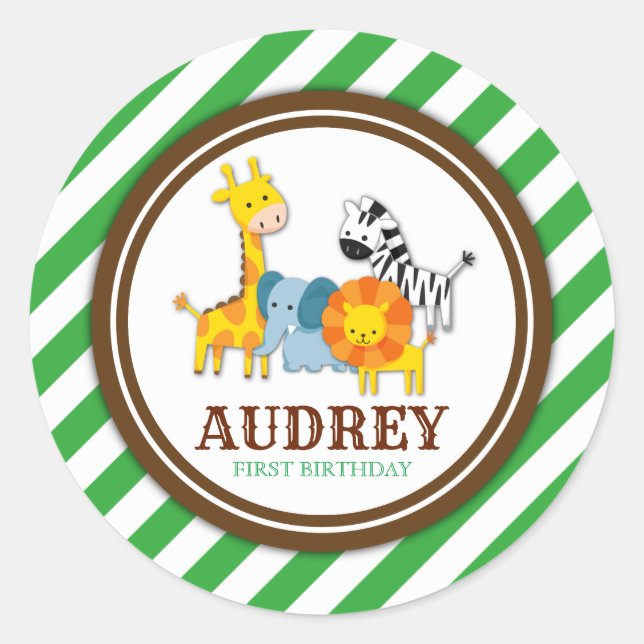 Sticker Rond Jungle Safari Zoo Animal Baby shower d'anniversair (Devant)
