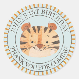 Sticker Rond Jungle Tiger Blue Safari Anniversaire Merci